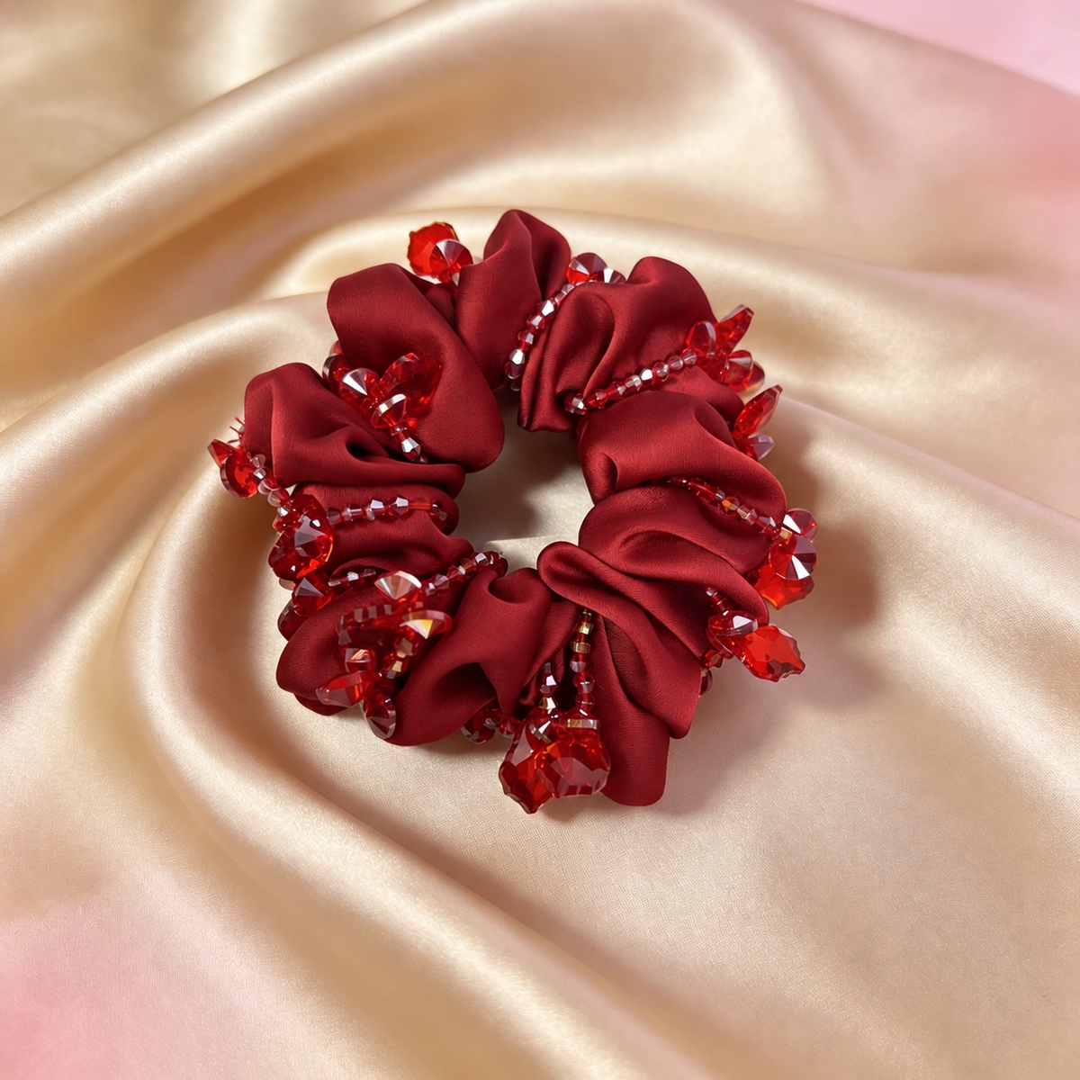 Red glass bead fabric scrunchie, view 0