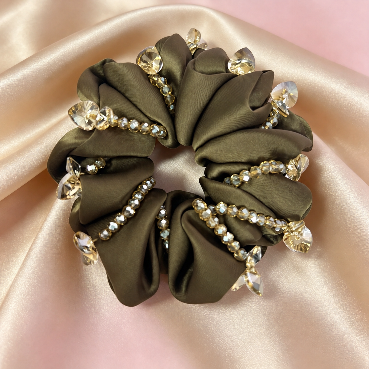 Brown glass bead fabric scrunchie, view 10