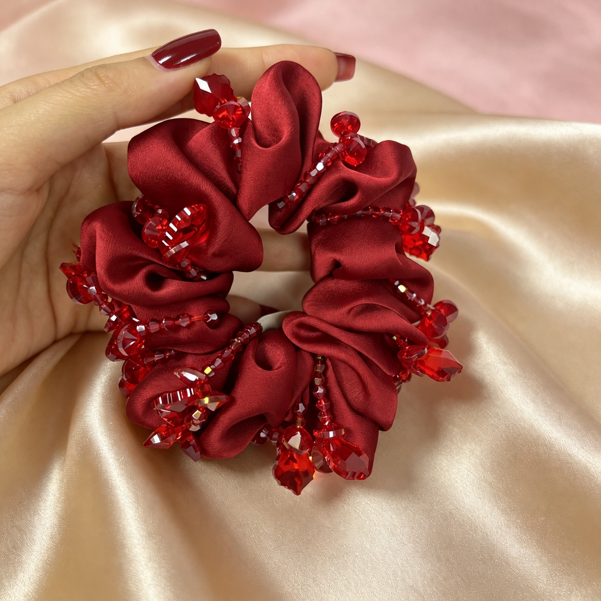 Red glass bead fabric scrunchie, view 2