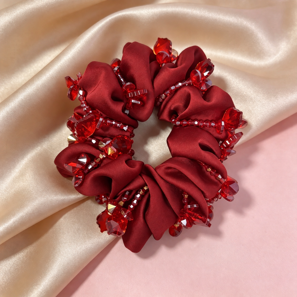 Red glass bead fabric scrunchie, view 4