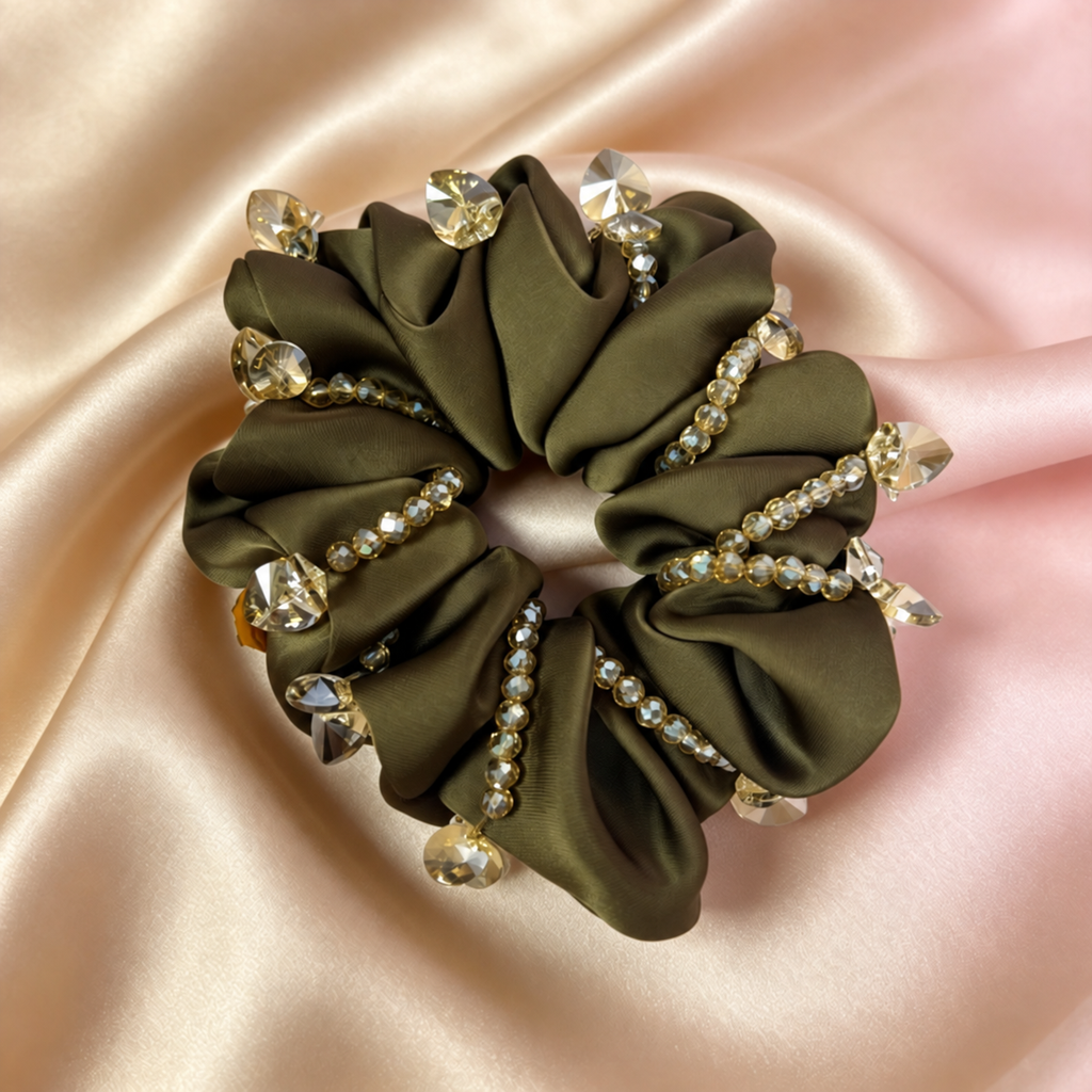 Brown glass bead fabric scrunchie, view 6