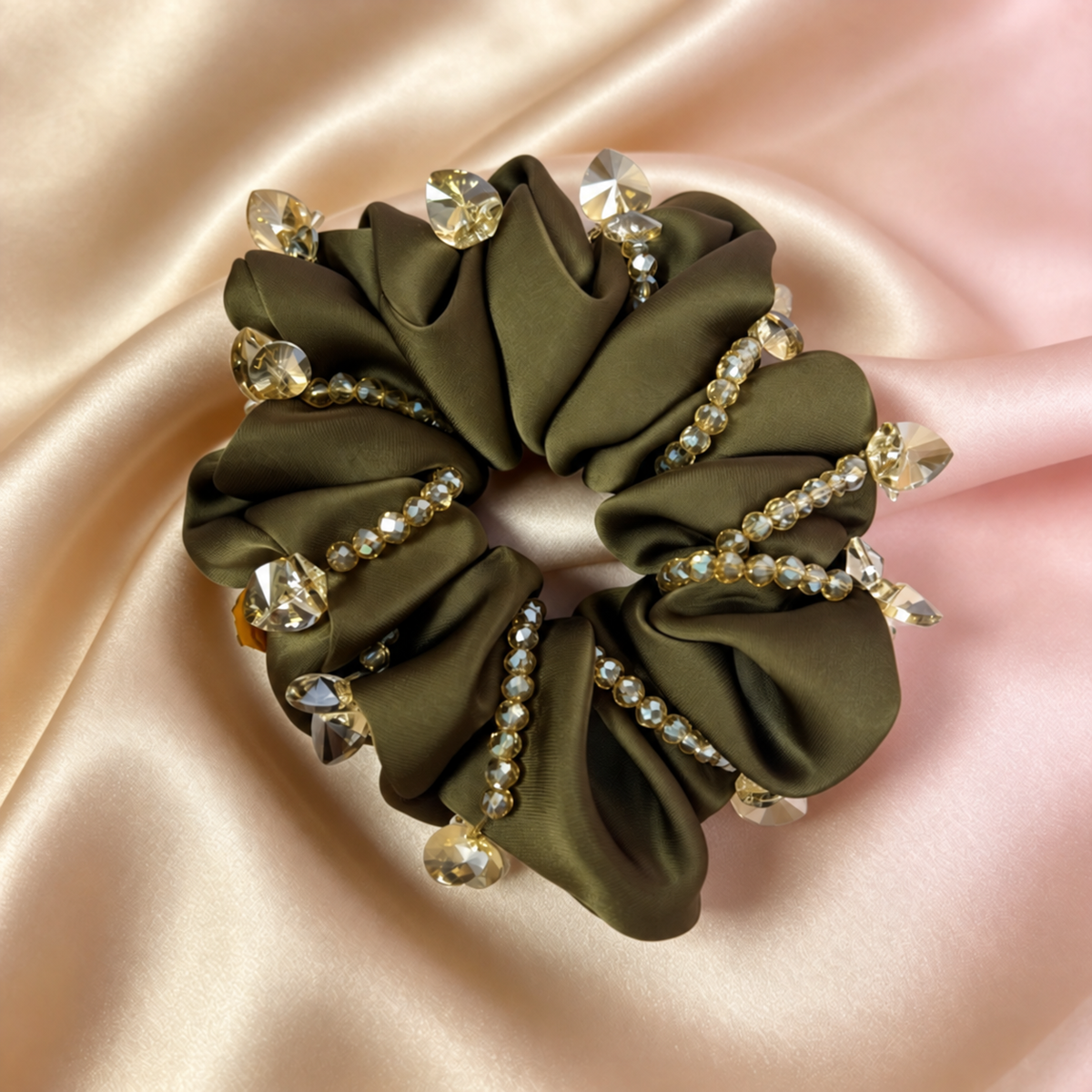 Brown glass bead fabric scrunchie, view 6