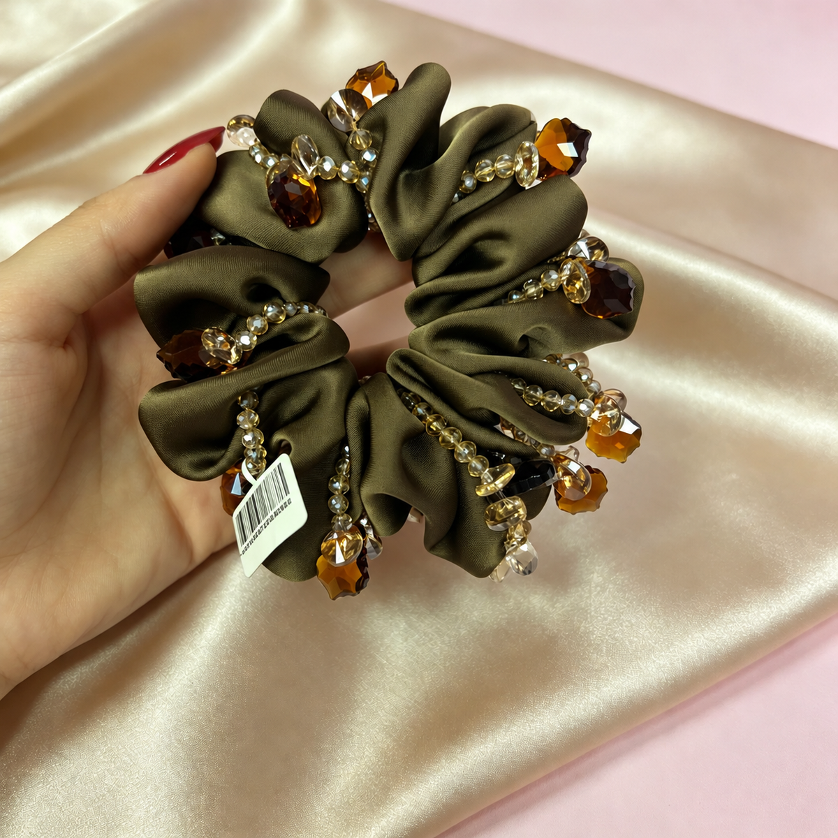 Brown glass bead fabric scrunchie, view 8