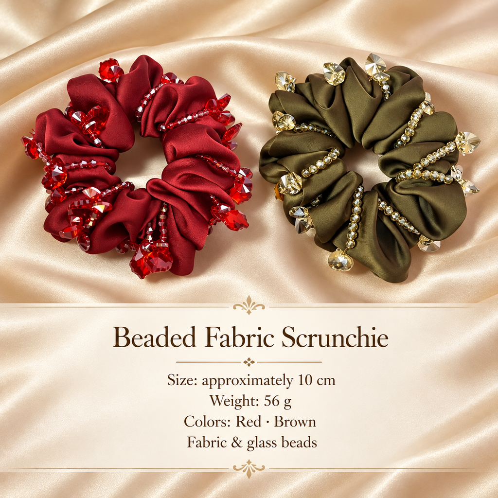 Red and brown beaded fabric scrunchies size guide, approximately 10 cm, 56 g