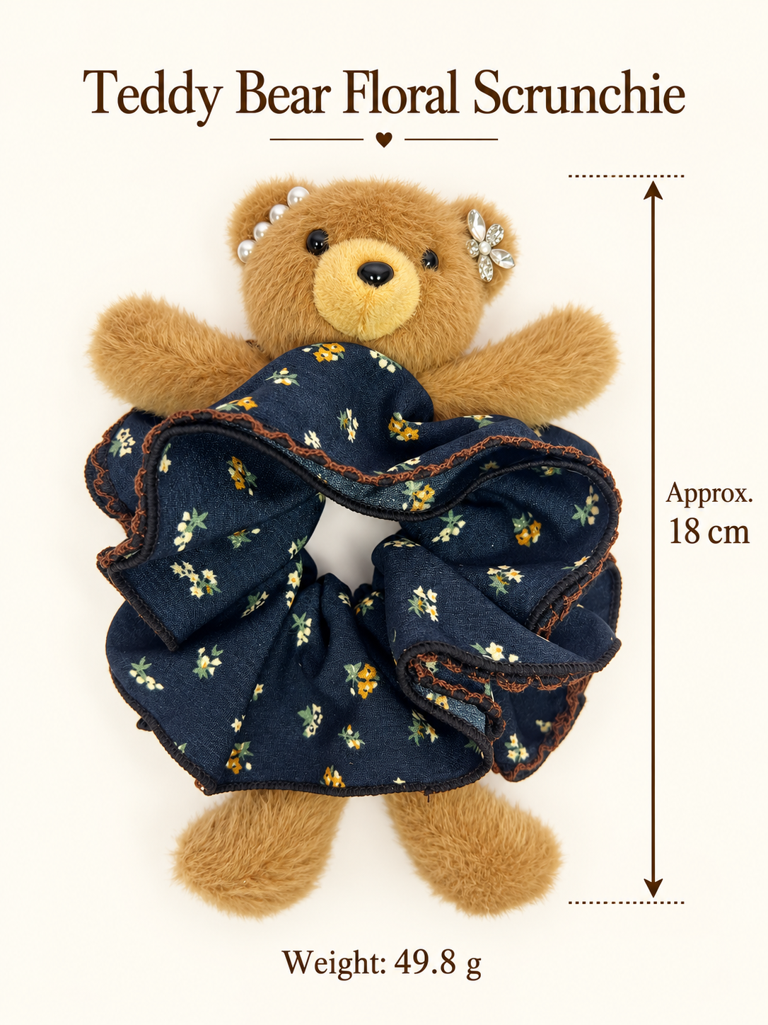 Teddy bear floral scrunchie size guide: approximately 18 cm, 49.8 g