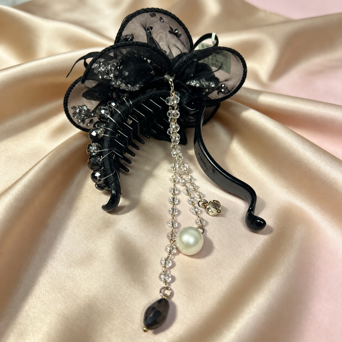 Handmade black flower hair claw with removable bead dangles, view 0