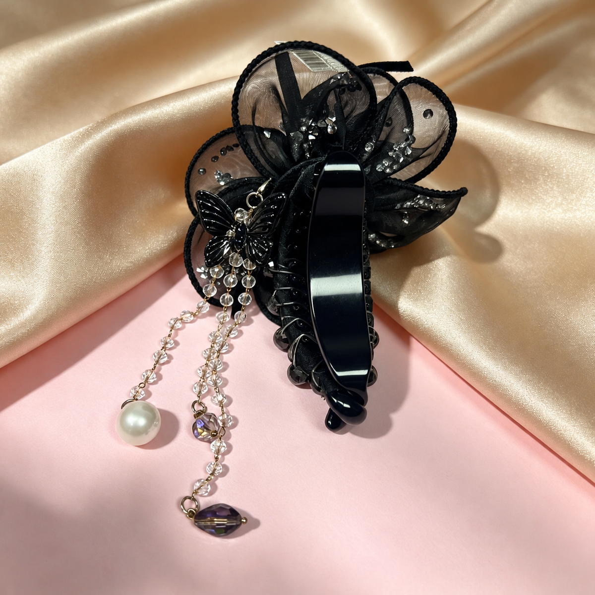 Handmade black flower hair claw with removable bead dangles, view 1