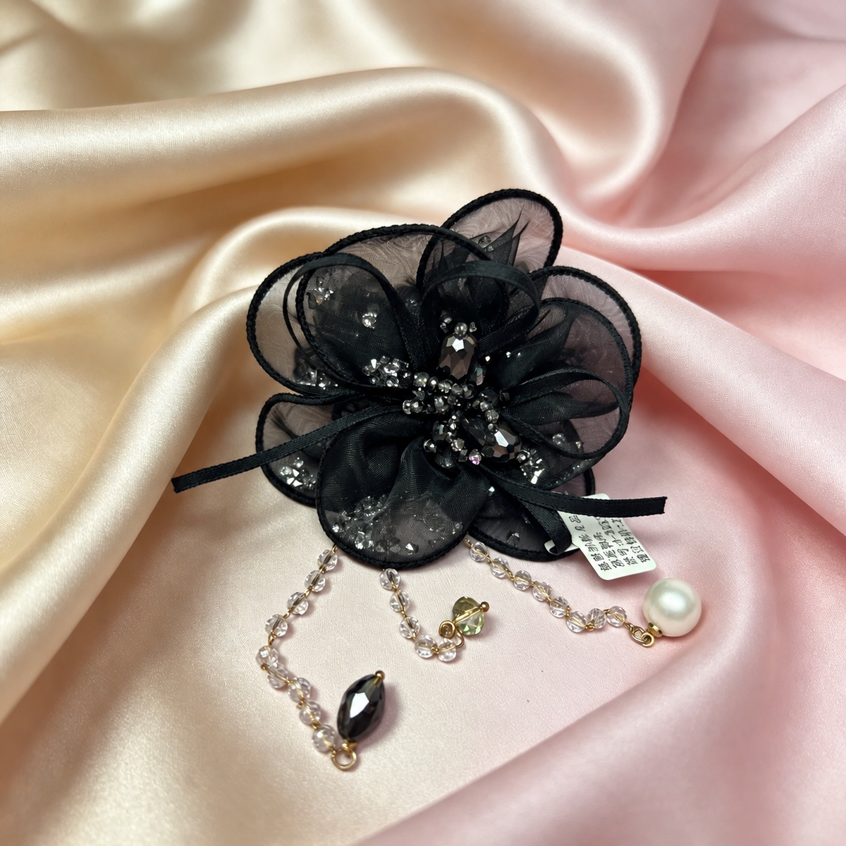 Handmade black flower hair claw with removable bead dangles, view 3