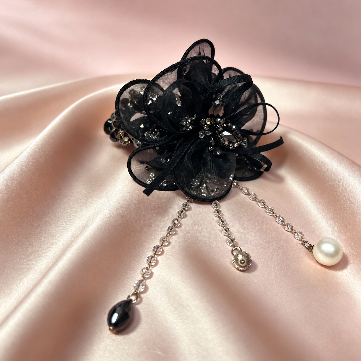 Handmade black flower hair claw with removable bead dangles, view 5