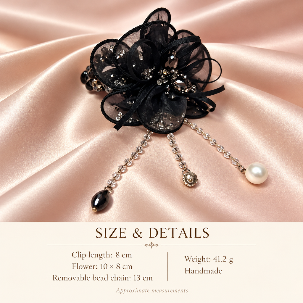 Black floral hair claw size guide: 8 cm clip, 10 × 8 cm flower, 13 cm removable chain, 41.2 g