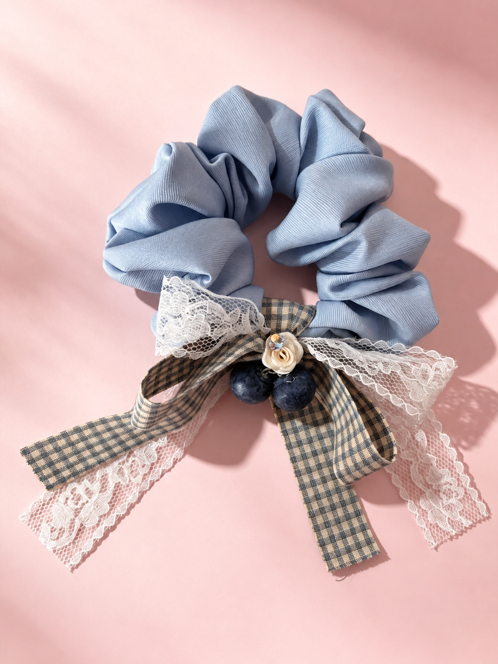 Blue gray gingham bow scrunchie with lace and acrylic charms