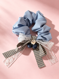 Blue gray gingham bow scrunchie with lace and acrylic charms