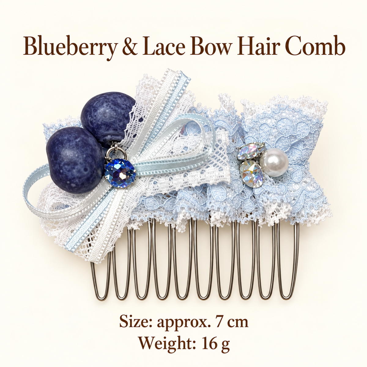 Blueberry and lace bow hair comb measurement guide, approximately 7 cm long and 16 g
