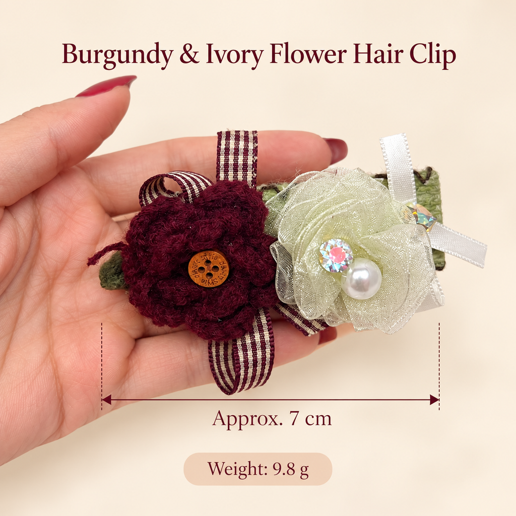 Handmade burgundy and ivory flower hair clip measurement guide, approximately 7 cm and 9.8 g