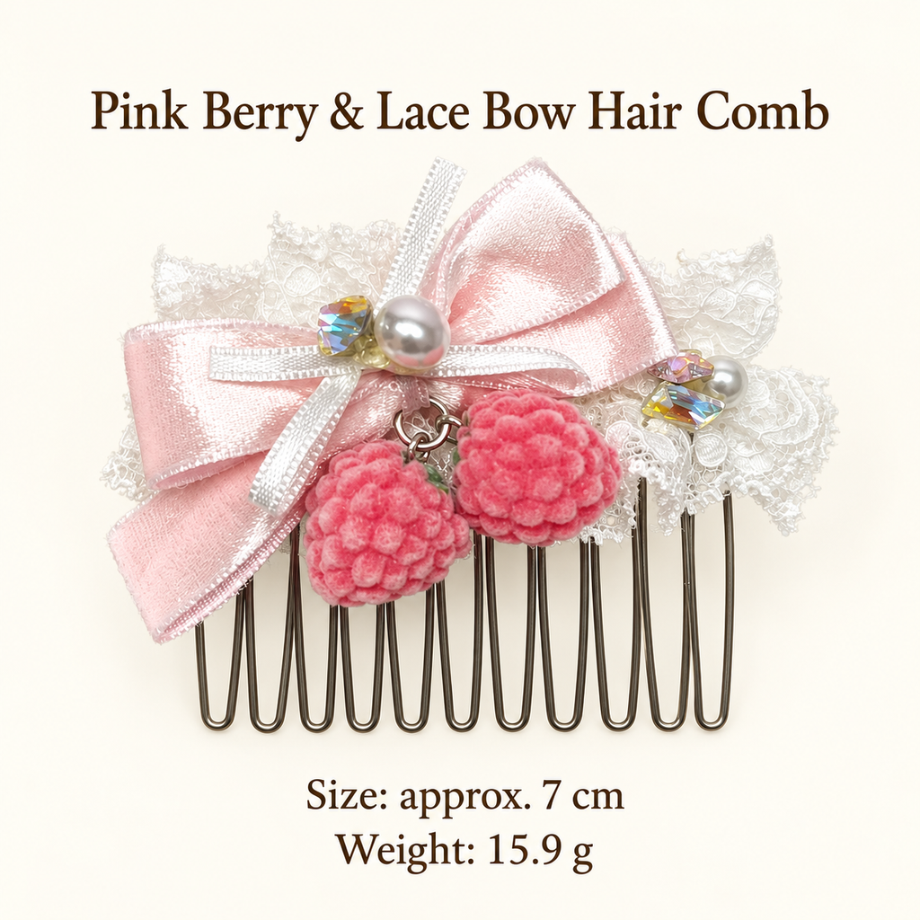 Pink berry lace bow hair comb size guide: approx. 7 cm, 15.9 g
