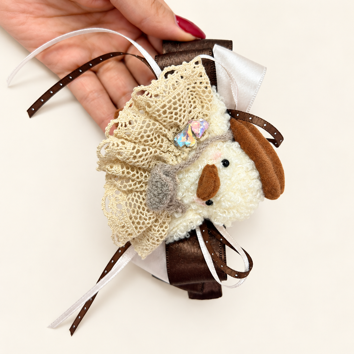 Cream plush duck with brown beret, beige lace and brown ivory ribbon hair clip