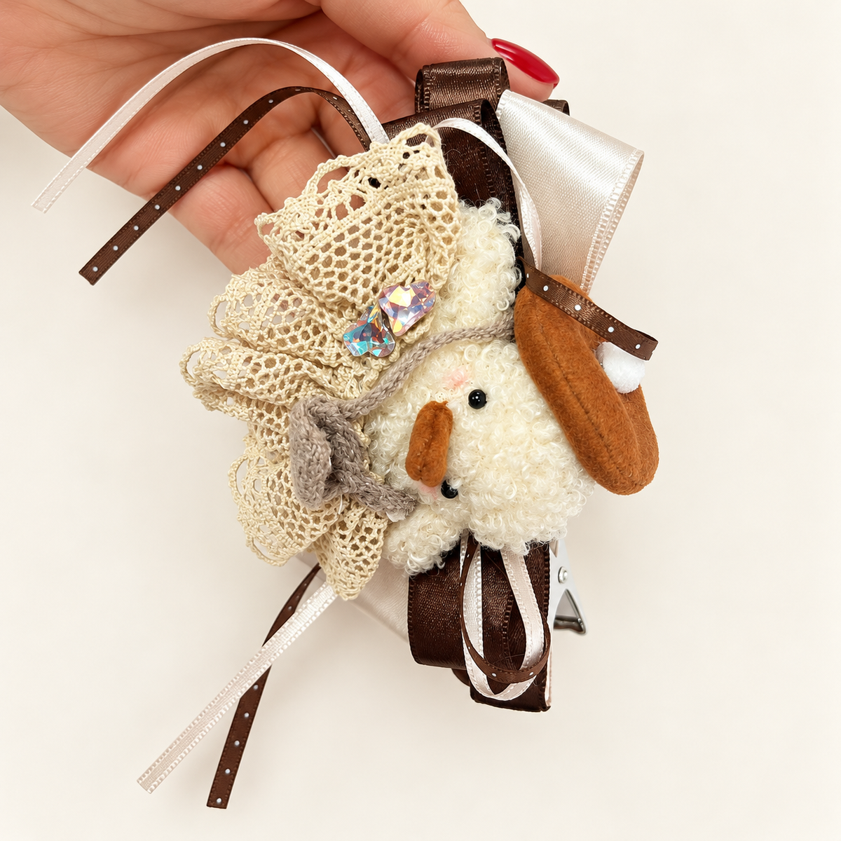 Cream plush duck with brown beret, beige lace and brown ivory ribbon hair clip