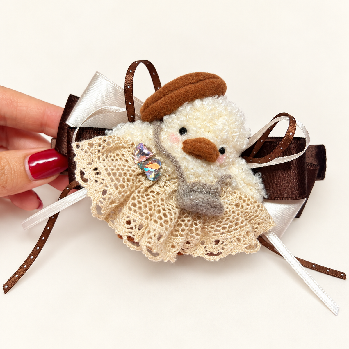 Cream plush duck with brown beret, beige lace and brown ivory ribbon hair clip