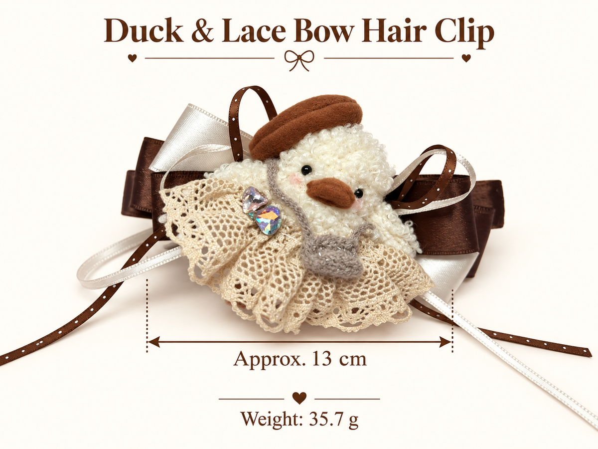 Duck lace bow hair clip size guide: approximately 13 cm, 35.7 g