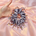 Dusty purple fabric scrunchie with sparkling glass beads, view 1