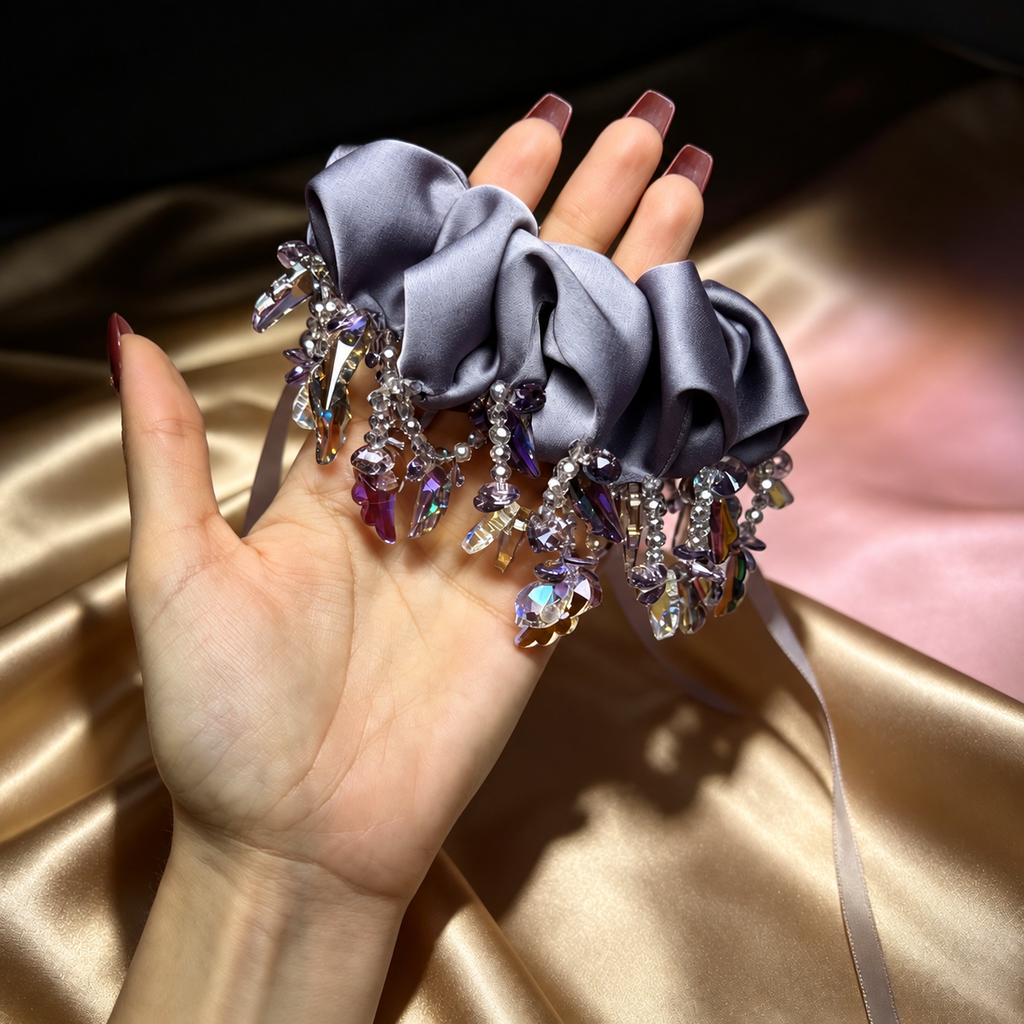 Dusty purple fabric scrunchie with sparkling glass beads, view 2