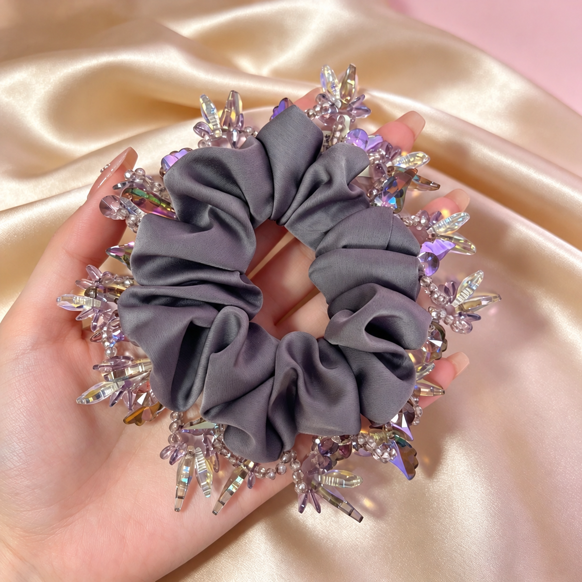 Dusty purple fabric scrunchie with sparkling glass beads, view 3