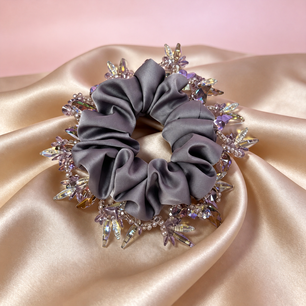 Dusty purple fabric scrunchie with sparkling glass beads, view 4