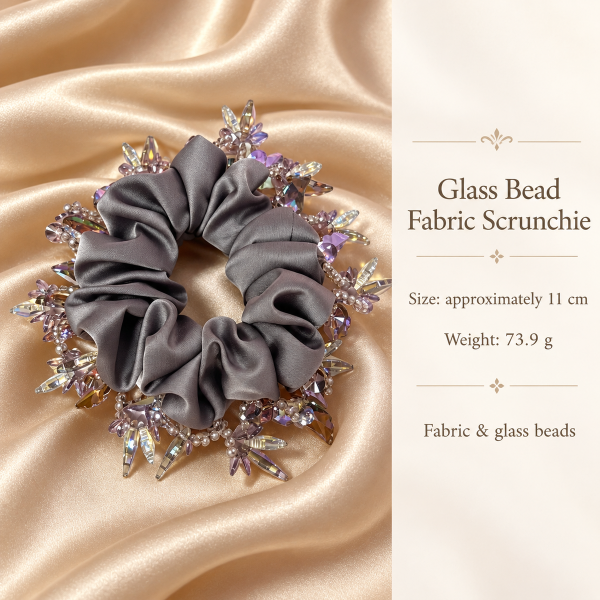 Dusty purple beaded fabric scrunchie size guide: approximately 11 cm, weight 73.9 g
