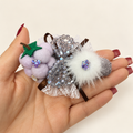 Lavender grape hair clip with crystal bead bow, white lace and fluffy white accent