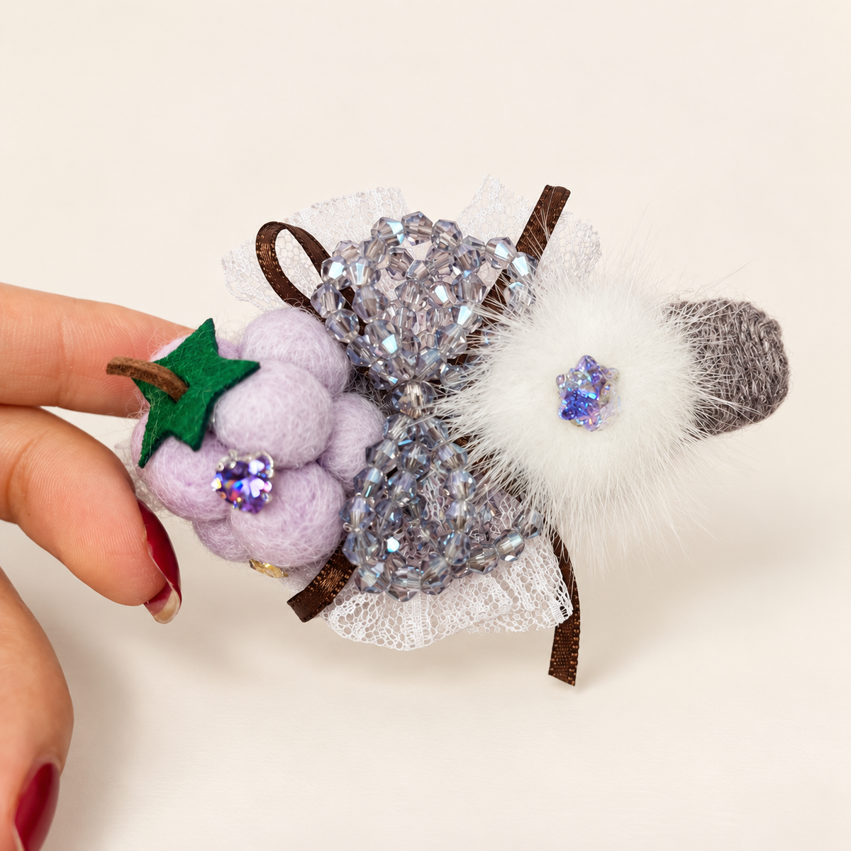 Lavender grape hair clip with crystal bead bow, white lace and fluffy white accent