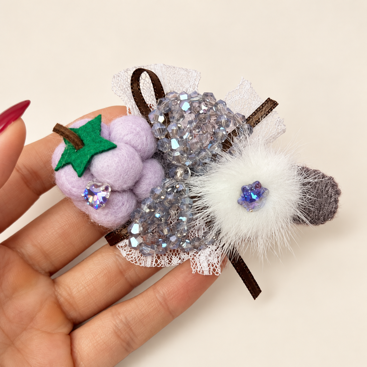 Lavender grape hair clip with crystal bead bow, white lace and fluffy white accent