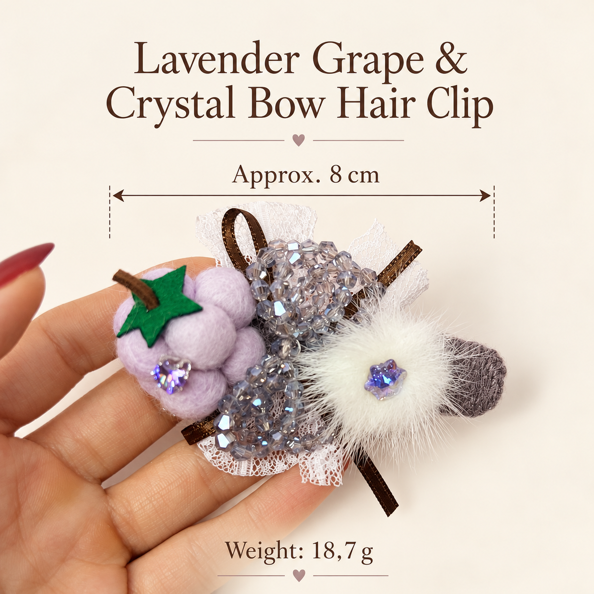 Lavender grape and crystal bow hair clip, approximately 8 cm long, weight 18.7 g