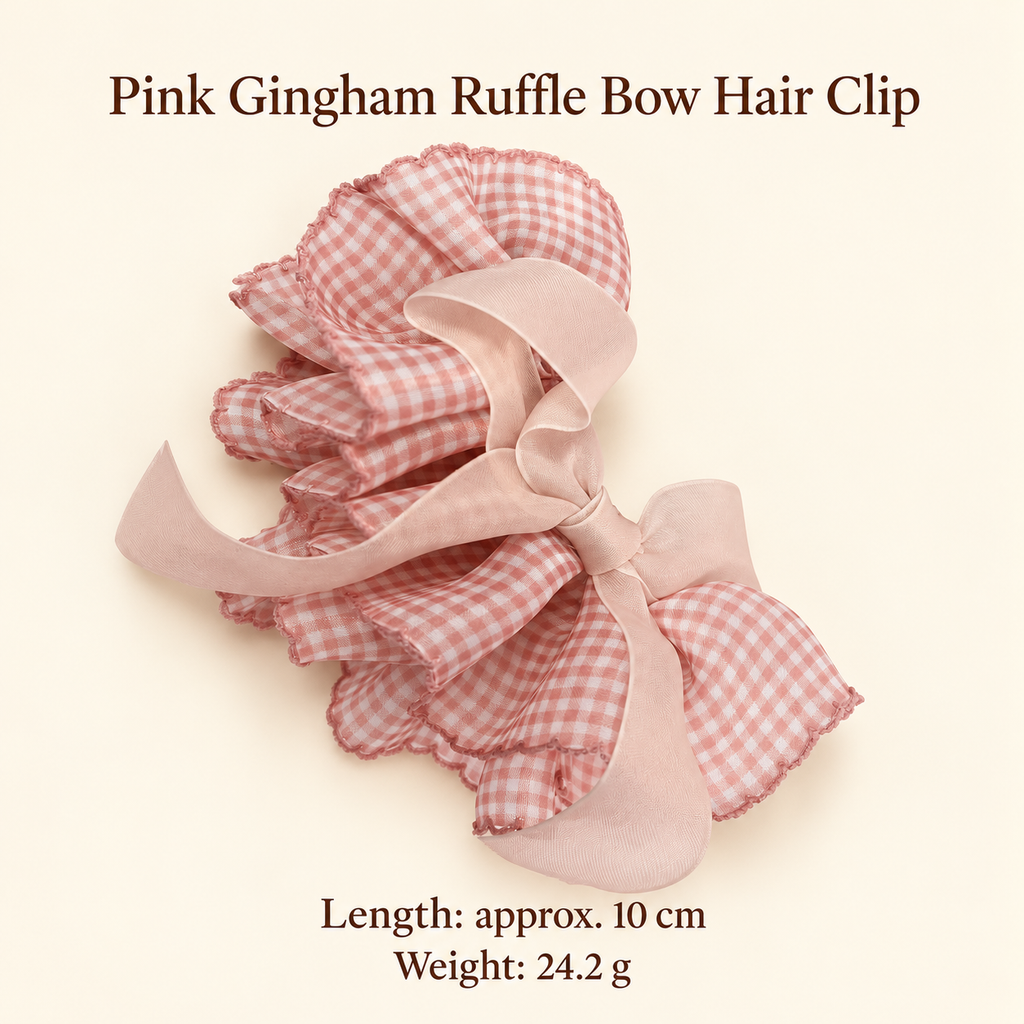 Pink gingham ruffle bow hair clip size guide: approx. 10 cm, 24.2 g