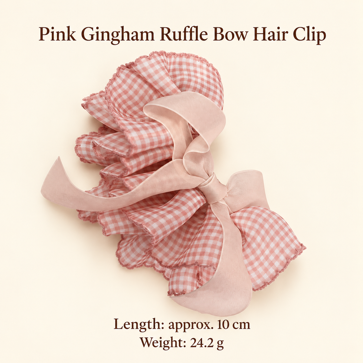 Pink gingham ruffle bow hair clip size guide: approx. 10 cm, 24.2 g