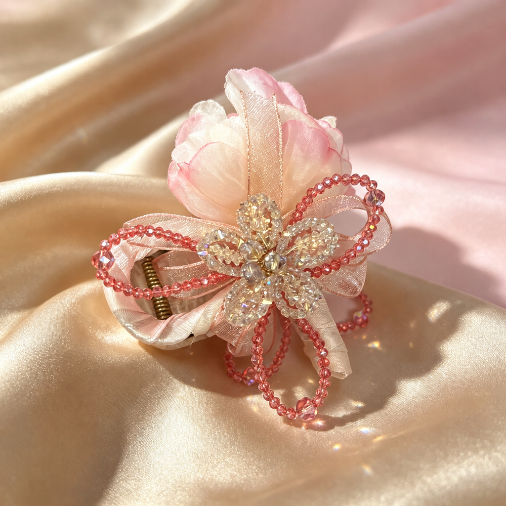 Handmade pink flower beaded hair claw clip – front view