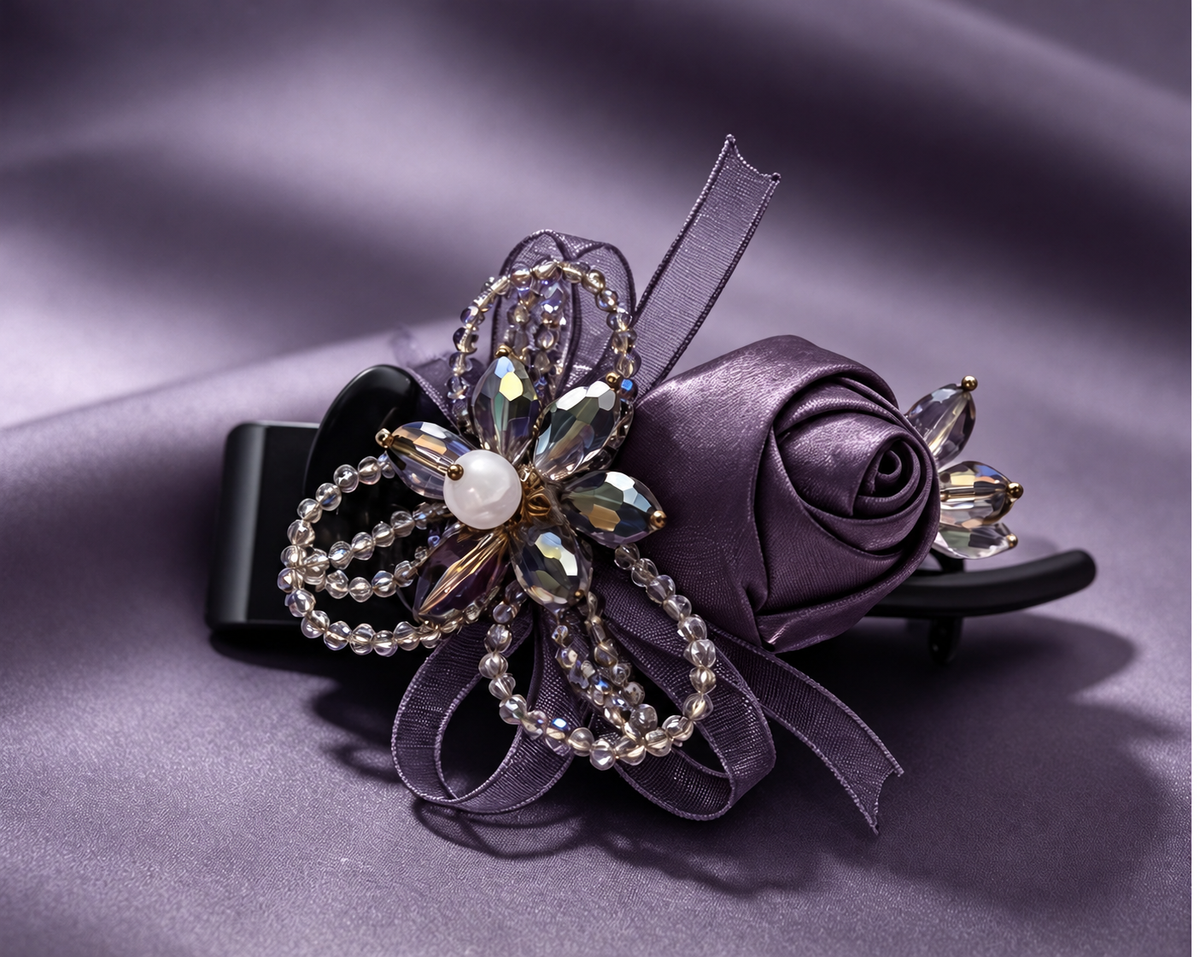 Handmade purple rose beaded hair clip