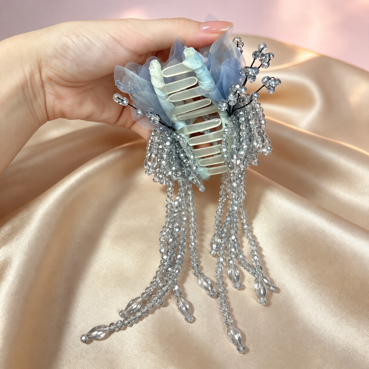 Handmade ice blue glass beaded hair claw with long non-removable dangles, view 1