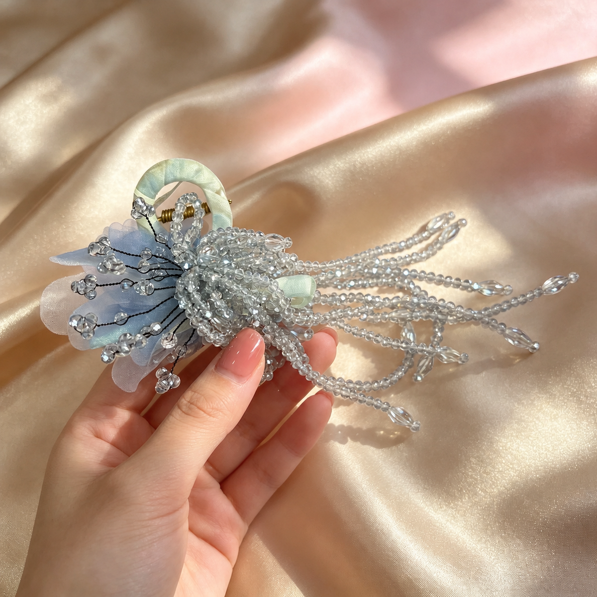 Handmade ice blue glass beaded hair claw with long non-removable dangles, view 2