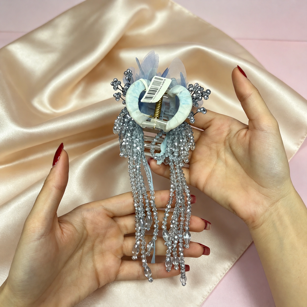 Handmade ice blue glass beaded hair claw with long non-removable dangles, view 3