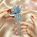 Handmade ice blue glass beaded hair claw with long non-removable dangles, view 4