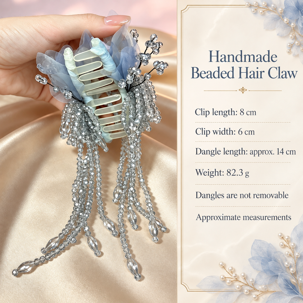 Handmade ice blue hair claw size guide: 8 by 6 cm, dangles about 14 cm, weight 82.3 g