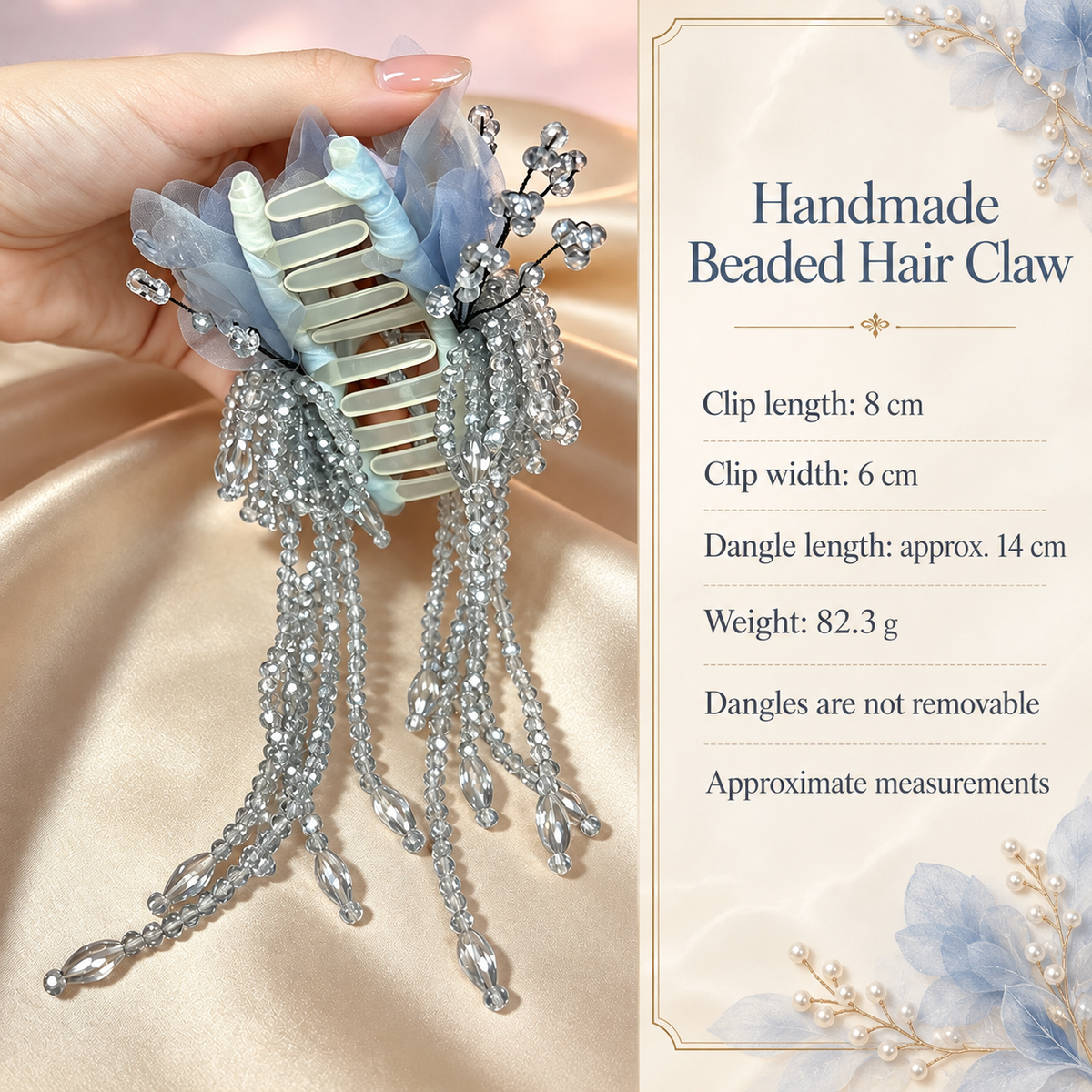 Handmade ice blue hair claw size guide: 8 by 6 cm, dangles about 14 cm, weight 82.3 g