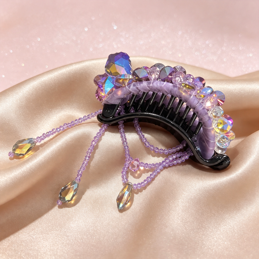 Back of handmade lavender glass bead hair claw