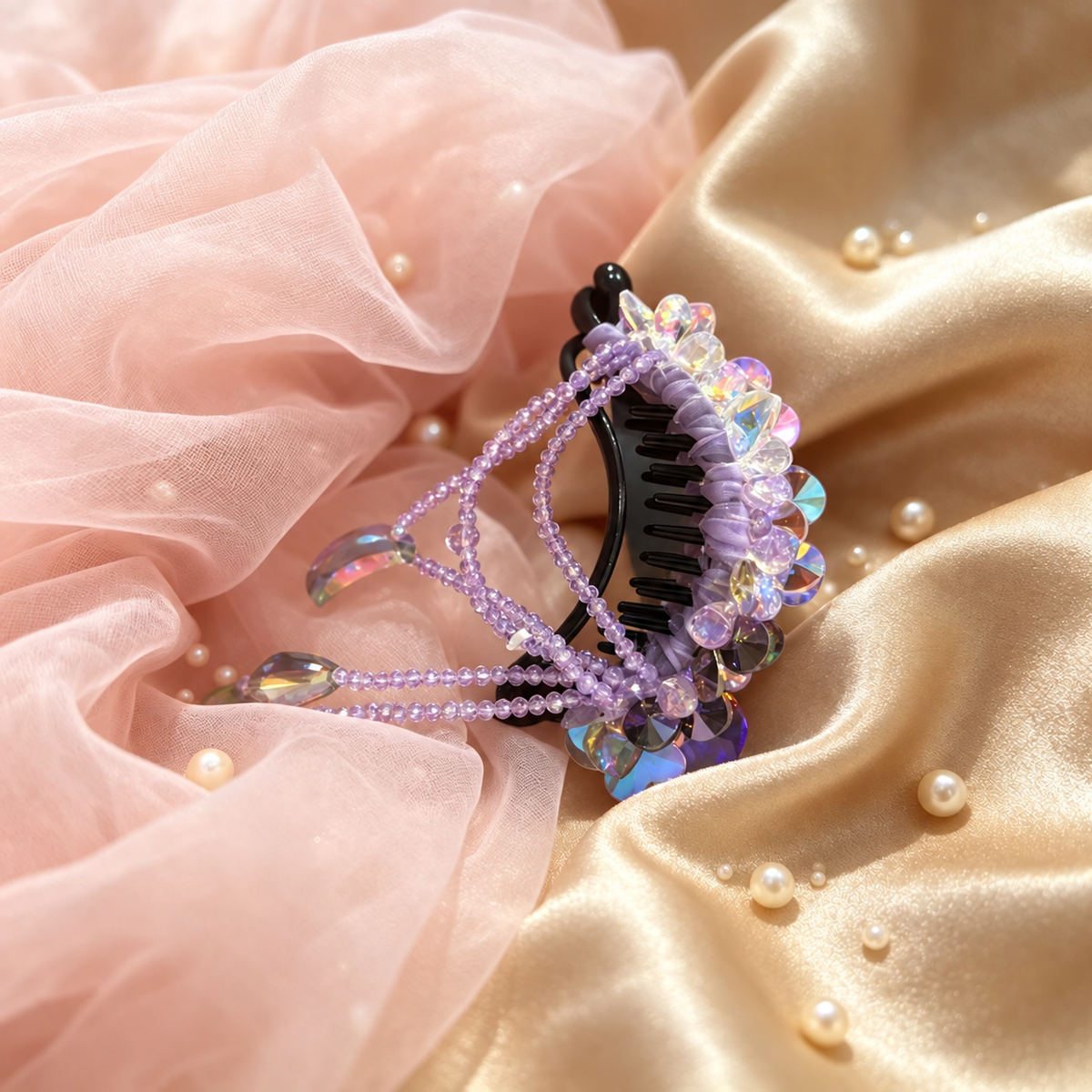 Lavender flower hair claw with attached bead dangles on satin