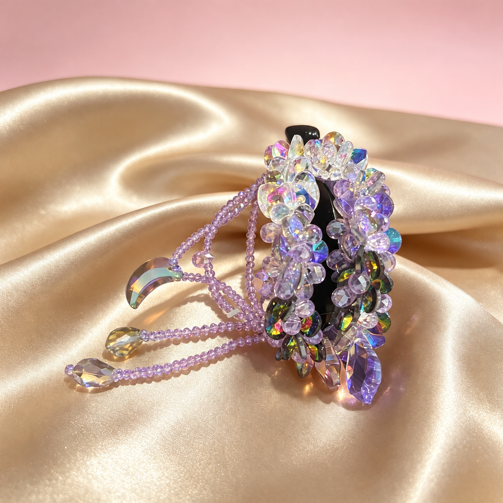 Handmade lavender iridescent flower hair claw with attached beaded dangles