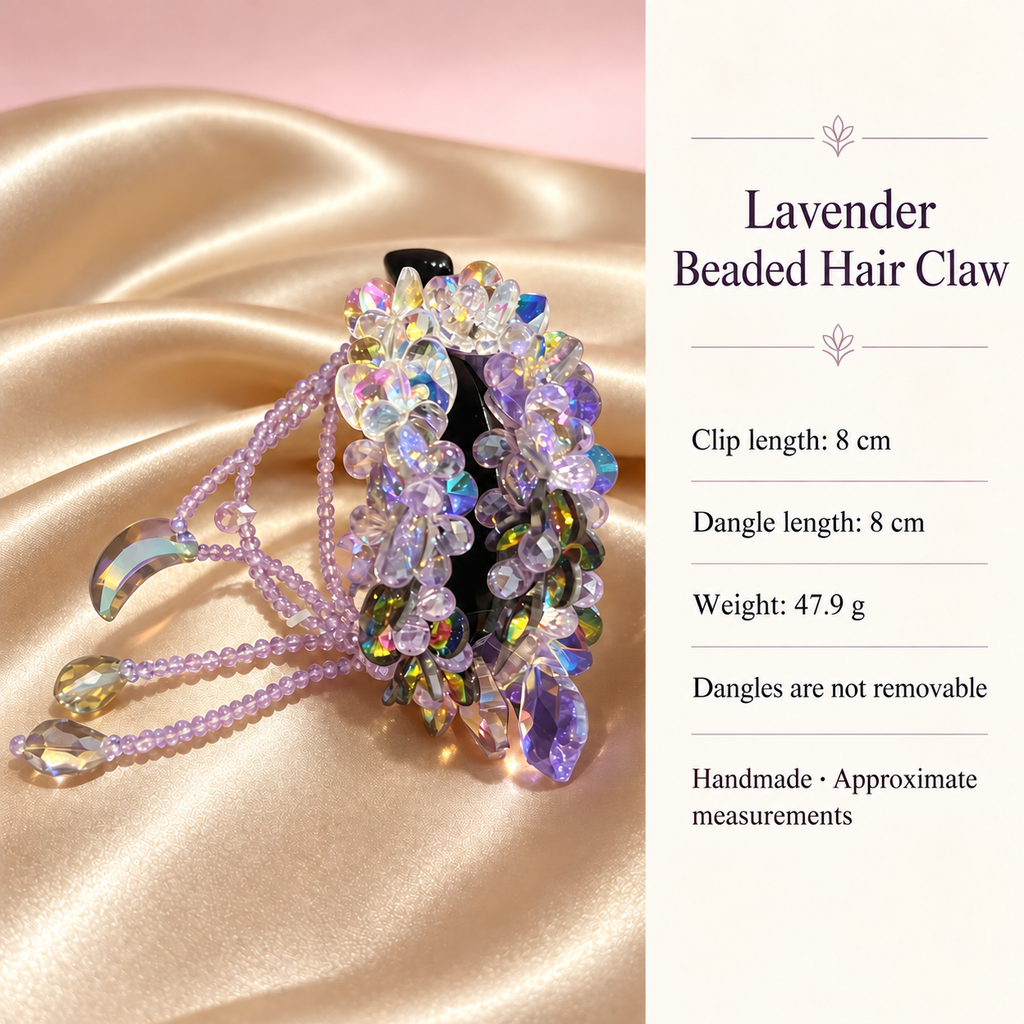 Lavender beaded hair claw dimensions: clip 8 cm, dangles 8 cm, weight 47.9 g; dangles are not removable