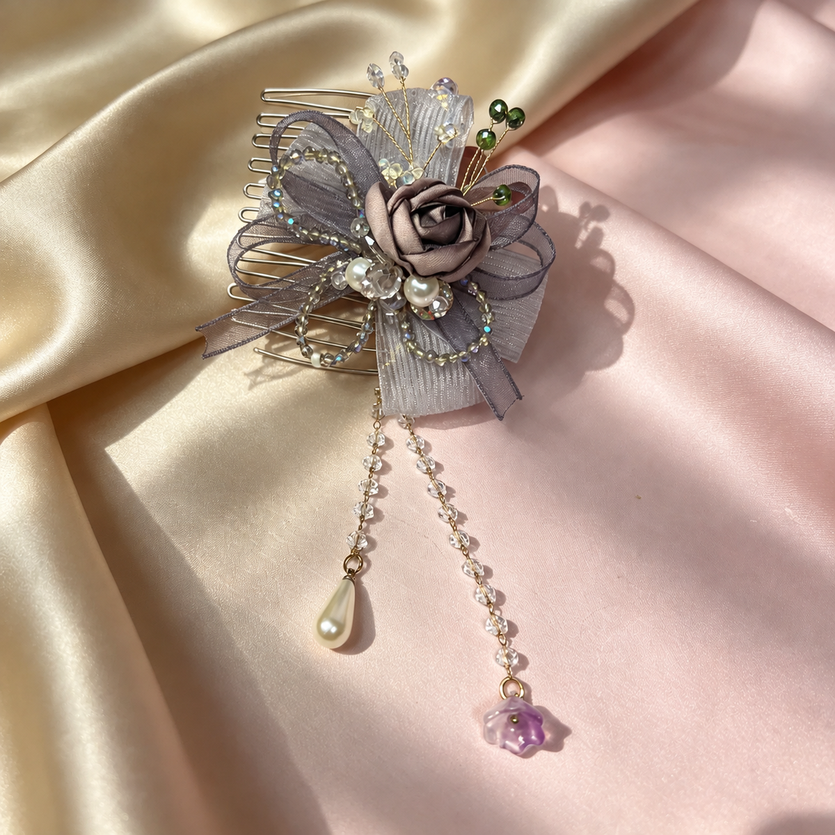 Handmade light purple rose and bow hair comb with removable bead chains, view 1