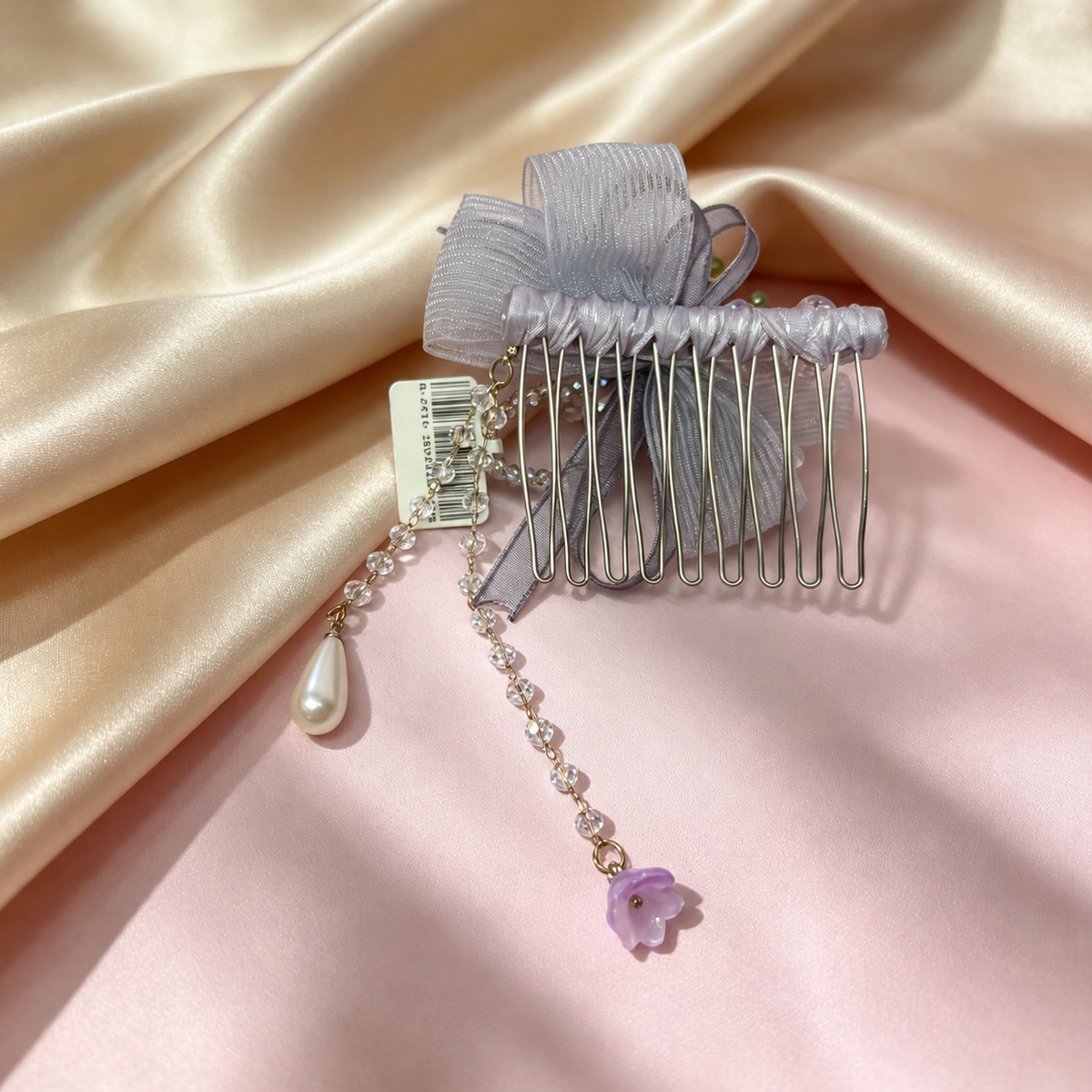 Handmade light purple rose and bow hair comb with removable bead chains, view 2