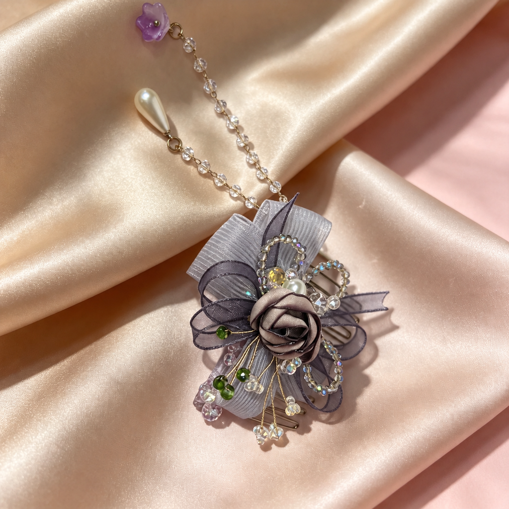 Handmade light purple rose and bow hair comb with removable bead chains, view 3