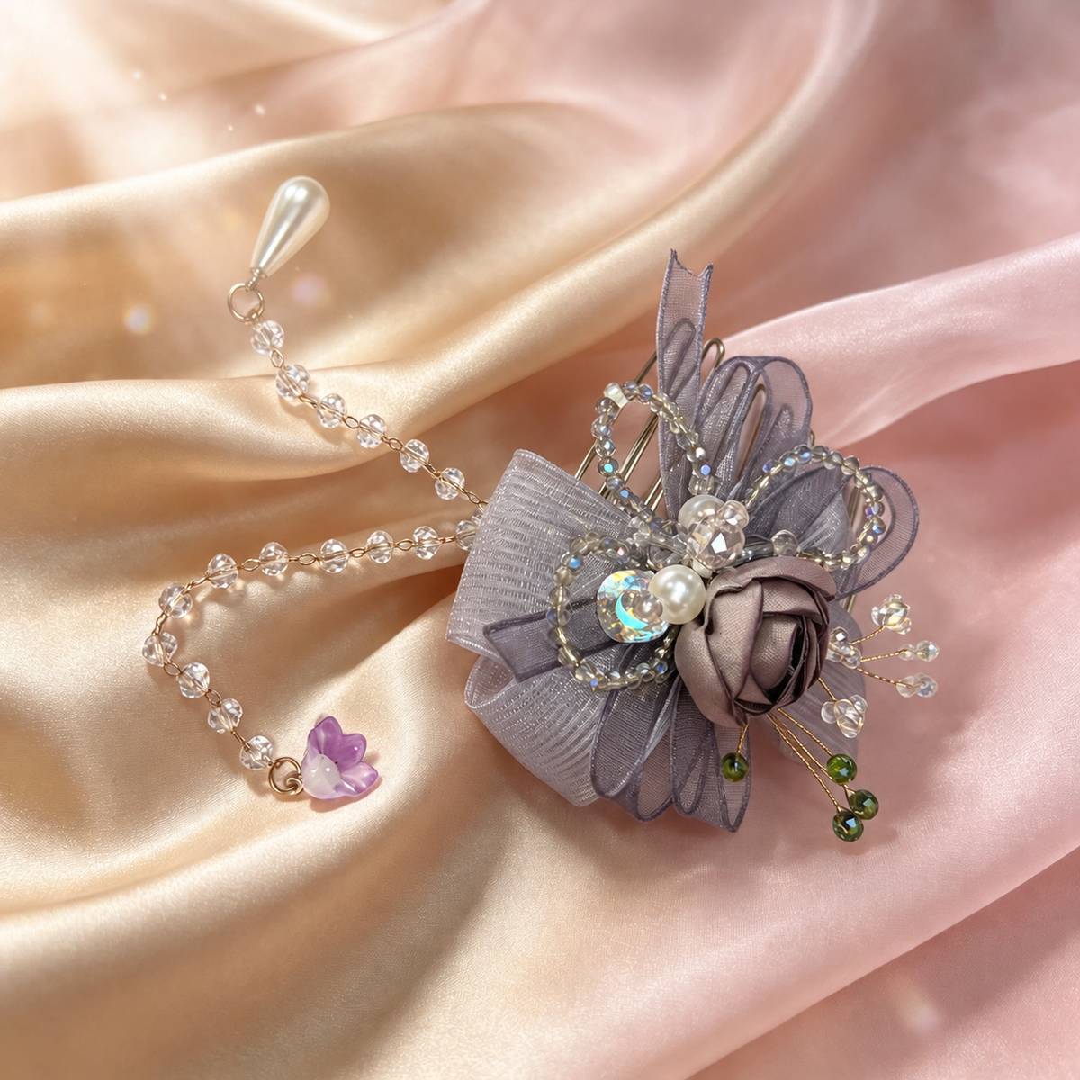 Handmade light purple rose and bow hair comb with removable bead chains, view 4